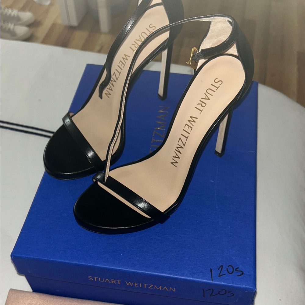 Stuart Weitzman Black Leather Ankle-Strap Stiletto Sandals